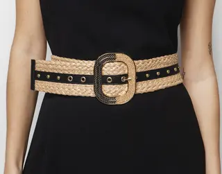Toi&Moi Φαρδιά Ζώνη Raffia με Μαύρη Λωρίδα & Χρυσή Αγκράφα
